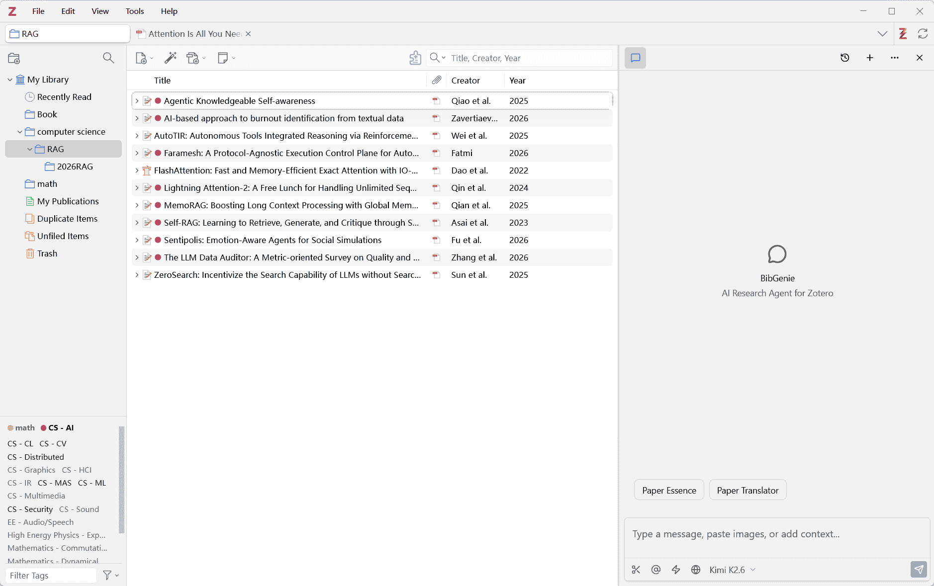 BibGenie AI research agent for Zotero showing a research workflow in the chat interface